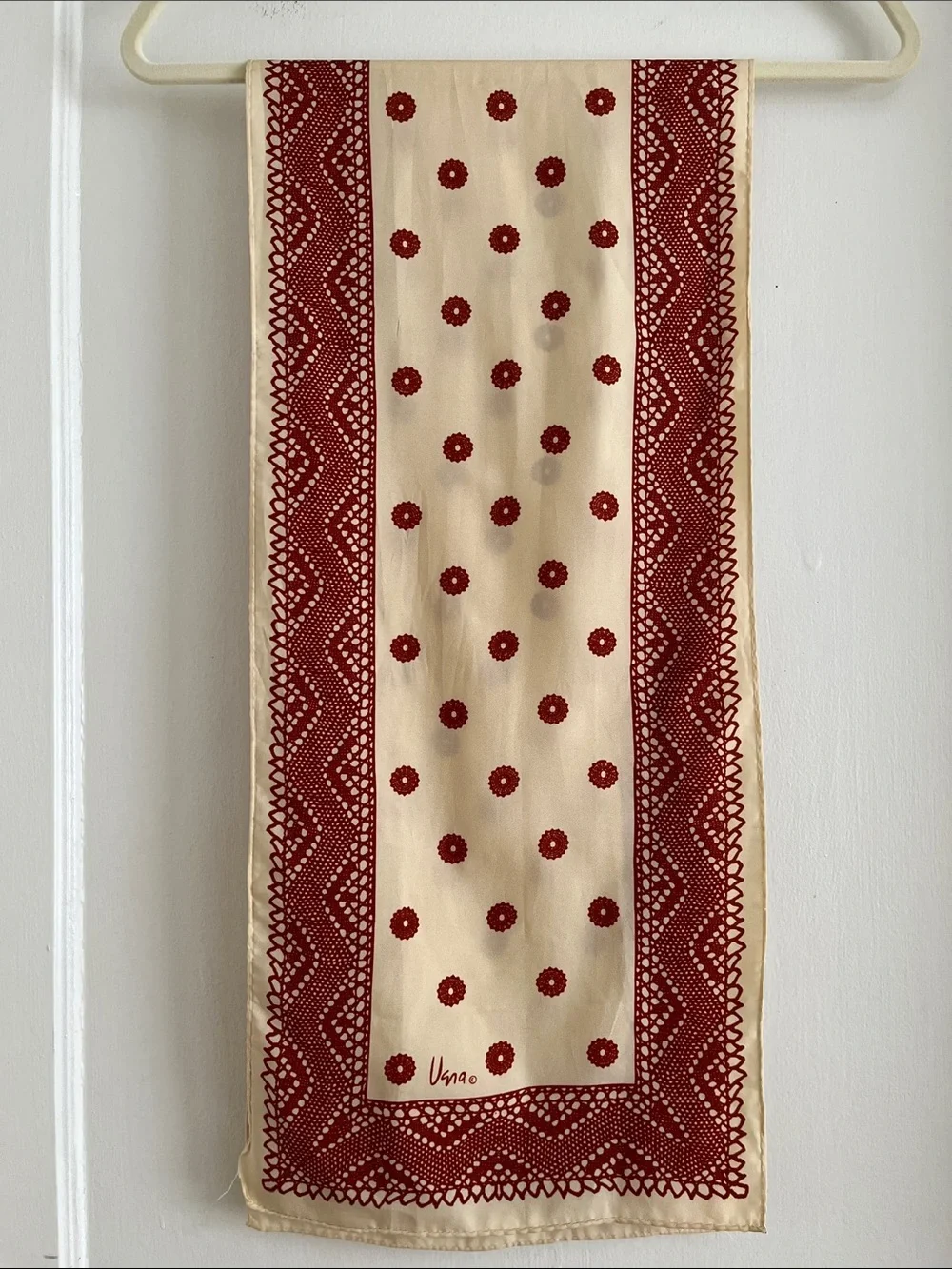 70s Vintage Vera Long Scarf Rust Red Brown & Cream Hand Rolled Headscarf